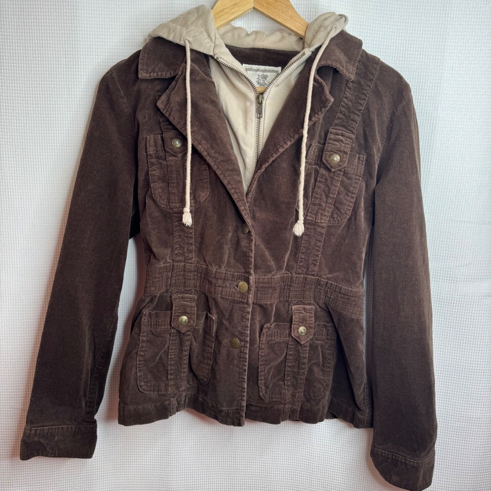 Vintage Y2K Corduroy Layered Hooded Utility Jacket Earthy Boho Streetwear Medium